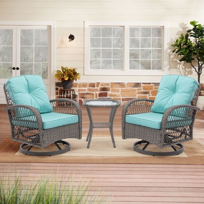 SKRAN Set of 3 Outdoor Patio Chairs, 360 Degree Swivel Rocker Patio Conversation Set with Thickened Cushions and Coffee Table for Backyard