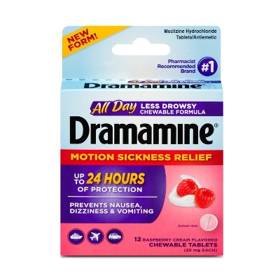 Dramamine All Day Less Drowsy Motion Sickness Relief Chewable Tablets - Raspberry Cream - 12ct