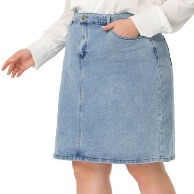 Women's Plus Size Denim Classic Slash Pocket Elastic Waist Pencil Back Slit Jeans Skirts - Agnes Orinda