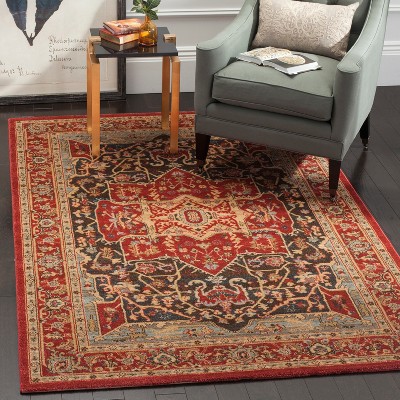 Red and Beige Round Stain-Resistant Synthetic Area Rug