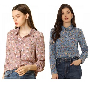 INSPIRE CHIC Women's Point Collar Long Button Sleeve Button Down Floral Shirt 2 Packs - 1 of 4