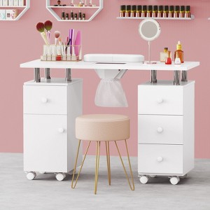 Costway Rolling Manicure Table Nail Desk with with 8 Lockable Wheels & Electric Dust Collector 3 Dust Bags Wrist Rest White/Pink/Black - 1 of 4