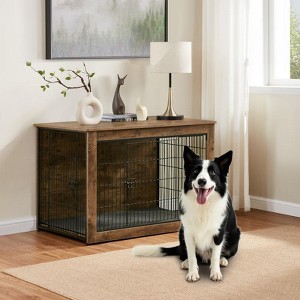 Aukfa 39 in Multi-Functional Dog Kennel Furniture - Heavy Duty Wooden Crate & End Table with Dual Doors, Adjustable Feet, Rustic Brow - 1 of 4