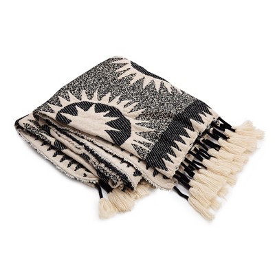 Soleil Cream and Black Polyester Acrylic Throw Blanket with Tassels