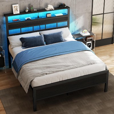 Furnulem Full Size Bed Frame with LED Light and Charging Station Wood Storage Headboard with 2-Tier Shelves Metal Platform Bed with Heavy Duty Slats