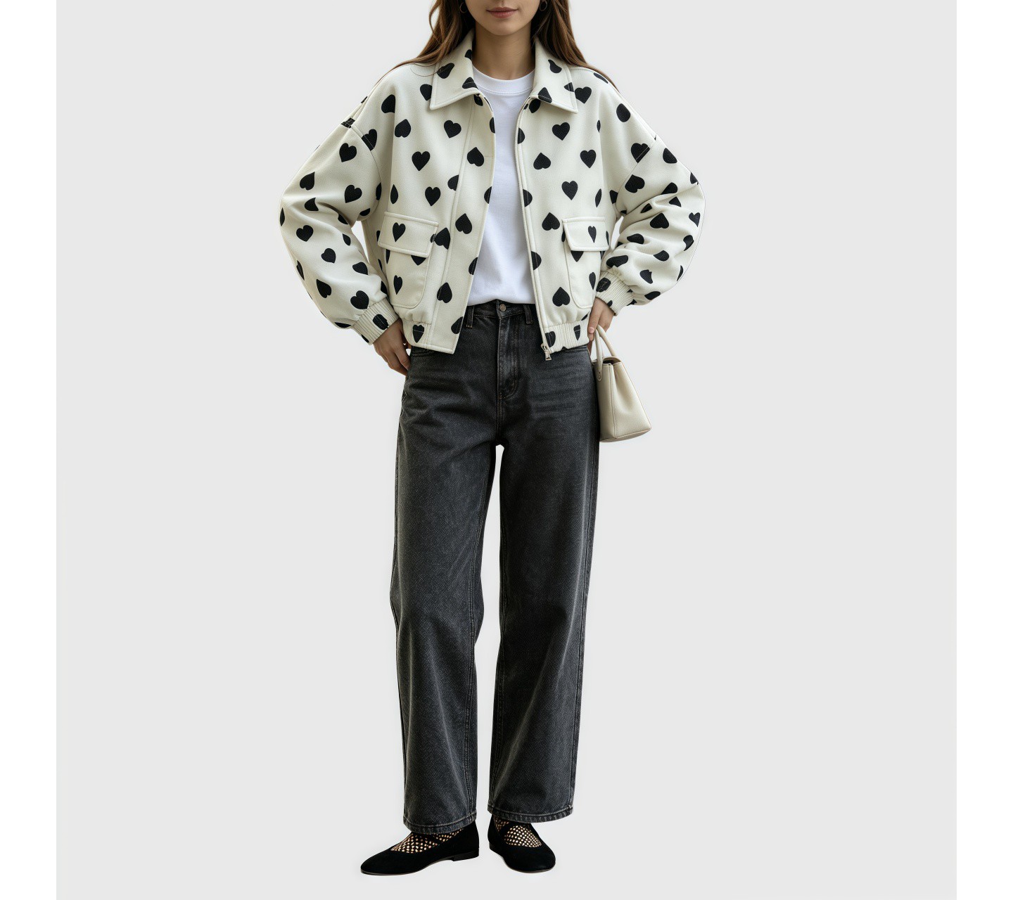 Женская куртка YesFashion Polka Dot Cropped Jacket Collared Lightweight Full Zip Casual Street Outerwear with Pockets Black, цвет: Чёрный — фото 3