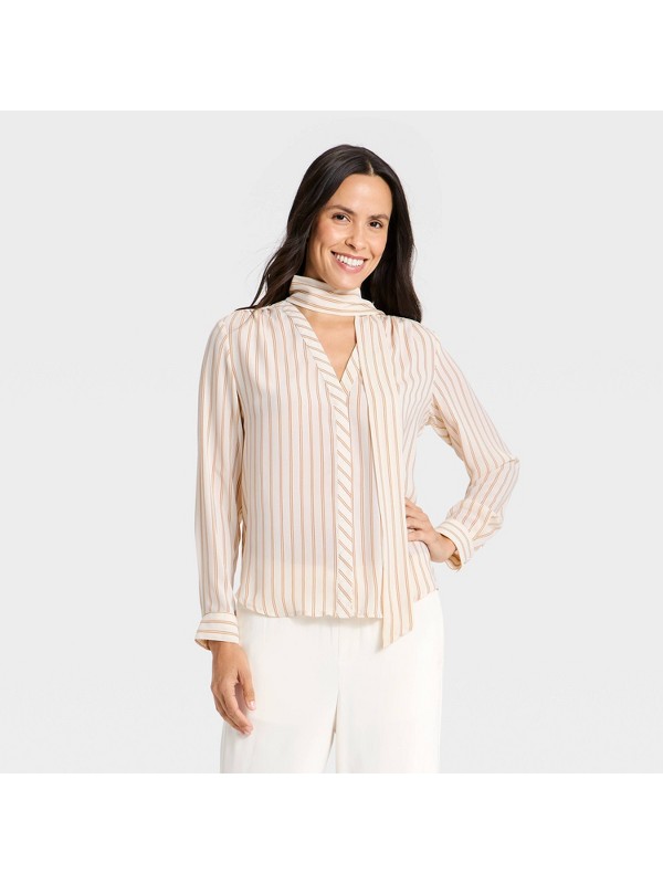 V-Neck Scarf Top — Cream striped