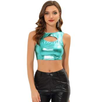 Allegra K Women's Shiny Metallic Crop Cami Hollow Out Backless Disco  Holographic Halter Camisoles Blue Xs : Target