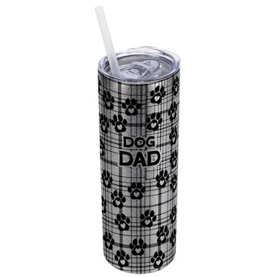Elanze Designs Plaid Paw Prints Silvertone Sparkle 20 Ounce Double Wall Stainless Steel Glitter Travel Tumbler With Sliding Lid And Straw, Dog Dad