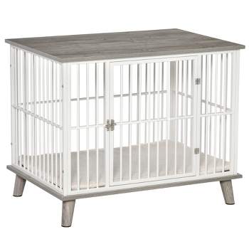 PawHut Dog Crate Furniture, Wooden End Table with Cushion & Lockable Door, Medium Size Pet Crate Indoor Puppy Cage, gray