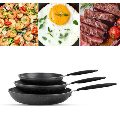 Black Aluminum Nonstick 3-Piece Frying Pan Set with Rubber Handles