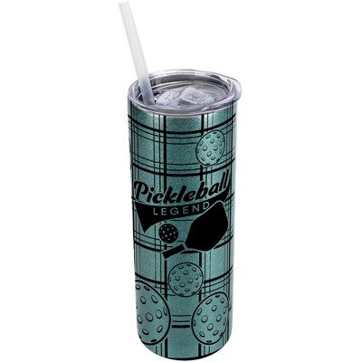 Elanze Designs Plaid Turquoise Blue 20 Ounce Double Wall Stainless Steel Glitter Travel Tumbler With Sliding Lid And Straw, Pickleball