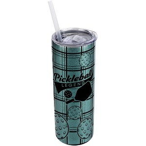 Elanze Designs Plaid Turquoise Blue 20 Ounce Double Wall Stainless Steel Glitter Travel Tumbler With Sliding Lid And Straw, Pickleball - 1 of 4