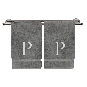 BC BARE COTTON Monogrammed Hand Towel, 100% Turkish Cotton - Set of 2 - Gray - Silver Block - 1 of 4