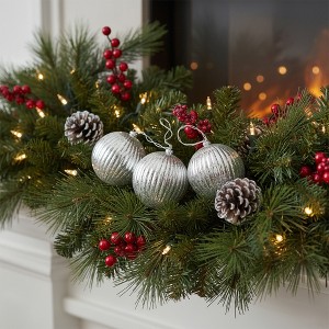 Penn Lighted Ribbed Mercury Glass Finish Ball Christmas Ornaments - Silver - Clear Lights - Set of 3 - 1 of 4
