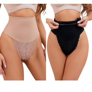 INSPIRE CHIC 2 Pcs Women's Lace Tummy Control Thongs High-Waisted Hi-Cut Control Panties - 1 of 4