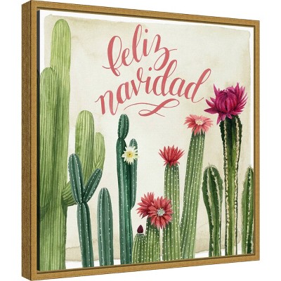 Feliz Navidad Christmas Cactus Print on Canvas with Gold Frame