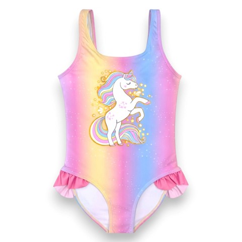 YMI Big Girls' One-Piece Tank with Ruffle Leg Hem Swimsuit, Rainbow Star Print, 10/12