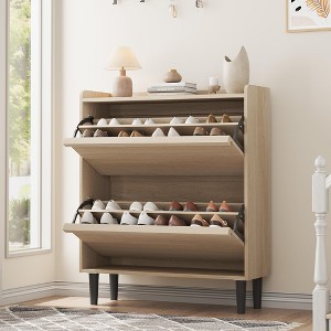 Shoe Cabinet with 2 Flip Drawers, Wooden Shoe Organizer Cabinet with Adjustable Shelf, Shoe Storage for Entryway - 1 of 4