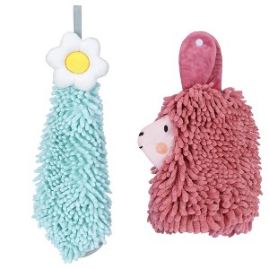 REGALWOVEN Soft Absorbent Flower Pattern and Sheep Pattern Chenille Hand Towel with Loop 6" x 15"/7" x 11" 2 Pcs - 1 of 4
