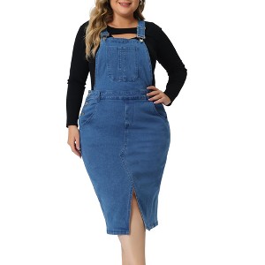 Agnes Orinda Women's Plus Size Overall Classic Adjustable Straps Midi Slit Hem Denim Dresses - 1 of 4