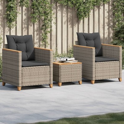 vidaXL 3 Piece Bistro Set with Cushions Gray Poly Rattan Acacia Wood