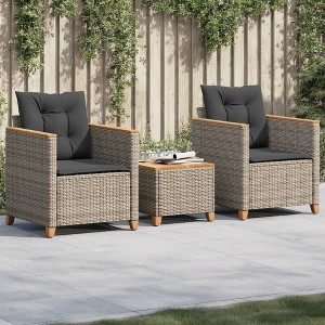 vidaXL 3 Piece Bistro Set with Cushions Gray Poly Rattan Acacia Wood - 1 of 4