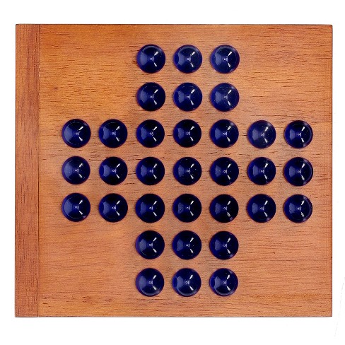 WE Games Solid Wood Solitaire with Blue Glass Marbles - 9 in. Diameter