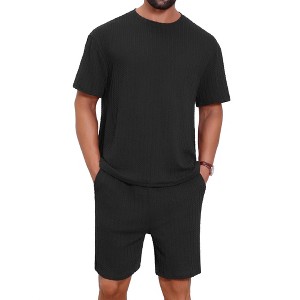 INSPIRE CHIC Men's Casual Texture Crew Neck Solid Shirt Top and Shorts 2 Piece Outfits - 1 of 4