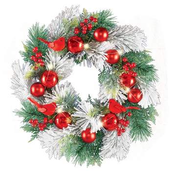 Collections Etc LED Lighted Frosted Pine Cardinal Hanging Wreath