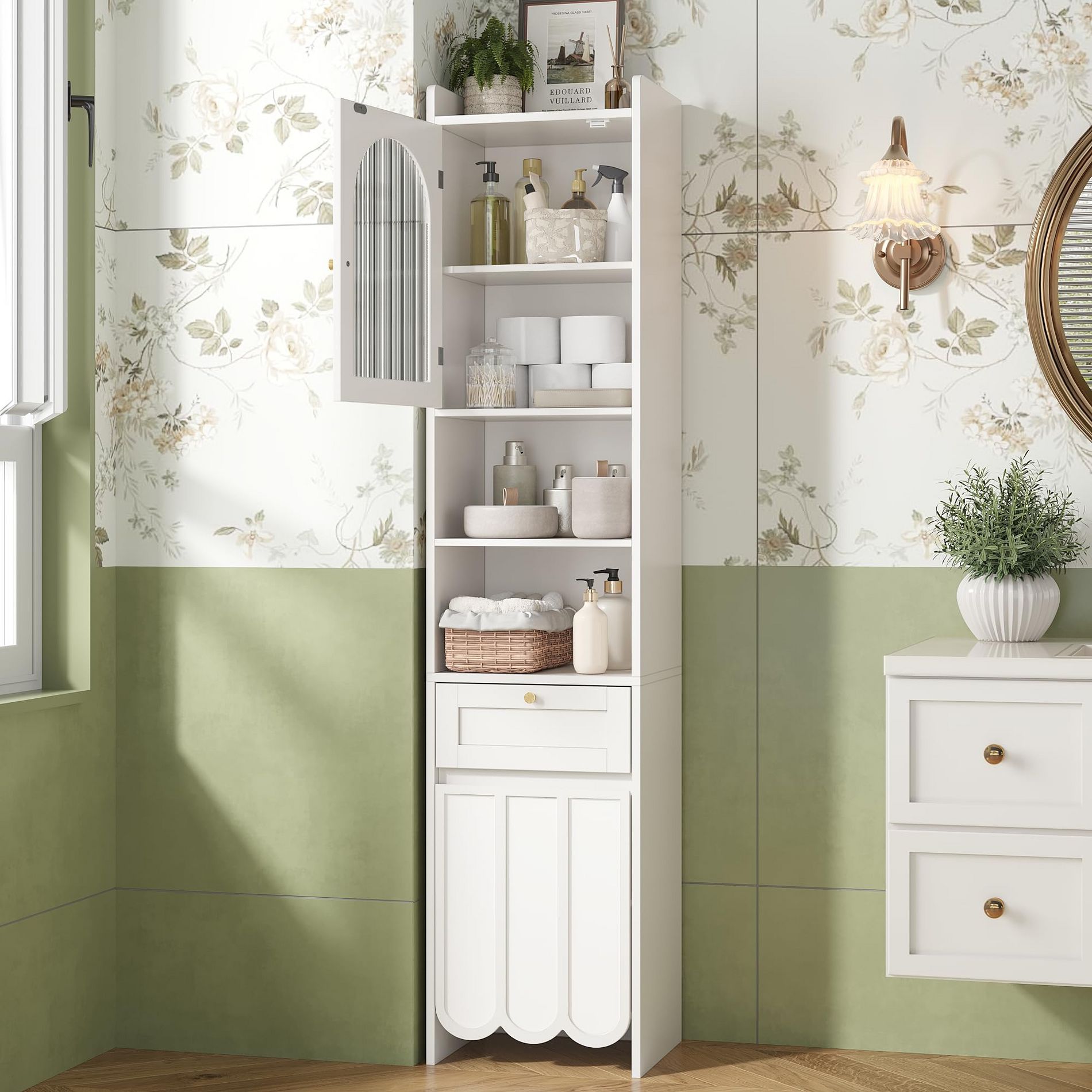 Tall Bathroom Storage Cabinet, Narrow Freestanding Cabinet, 3-Tier Adjustable Shelves
