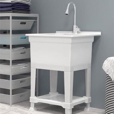 24-Inch White Polypropylene Freestanding Utility Sink with Stainless Steel Faucet