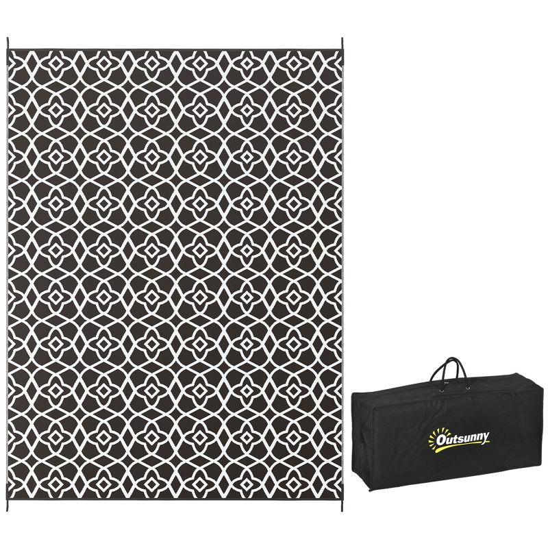 Outsunny RV Mat, Outdoor Patio Rug / Large Camping Carpet with Carrying Bag, 9' x 12', Waterproof Plastic Straw, Reversible, Black & White Clover, 1 of 7