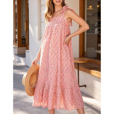 casual loose dress for ladies Women Square Neck Tie‑Strap Print Maxi Long Dress, Pink, L : Target short loose dress