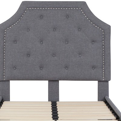 Elegant Twin-Size Light Gray Upholstered Bed with Tufted Headboard and Nailhead Trim