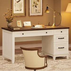 Garvee Executive Desk with Drawers, Farmhouse Home Office Desk with Charging Station, 53.54" Wooden Computer Writing Desk with File Cabinet Storage - 1 of 4