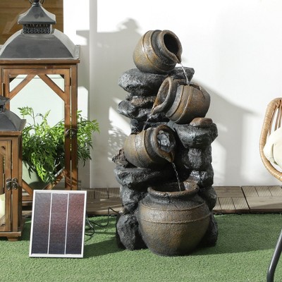 28.3" Brown Resin Solar Powered 4-Tier Water Fountain with LED Lights