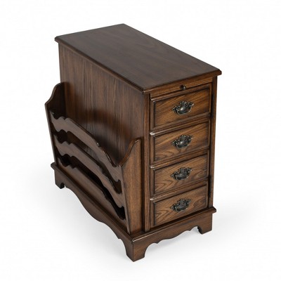 HomeRoots 24" Cherry Brown End Table With Drawers And Magazine Rack
