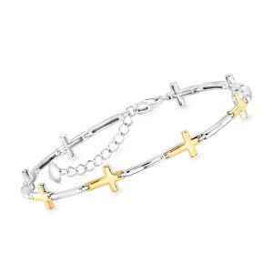 Ross-Simons Sterling Silver and 18kt Gold Over Sterling Cross Bracelet Size 7 - 1 of 3