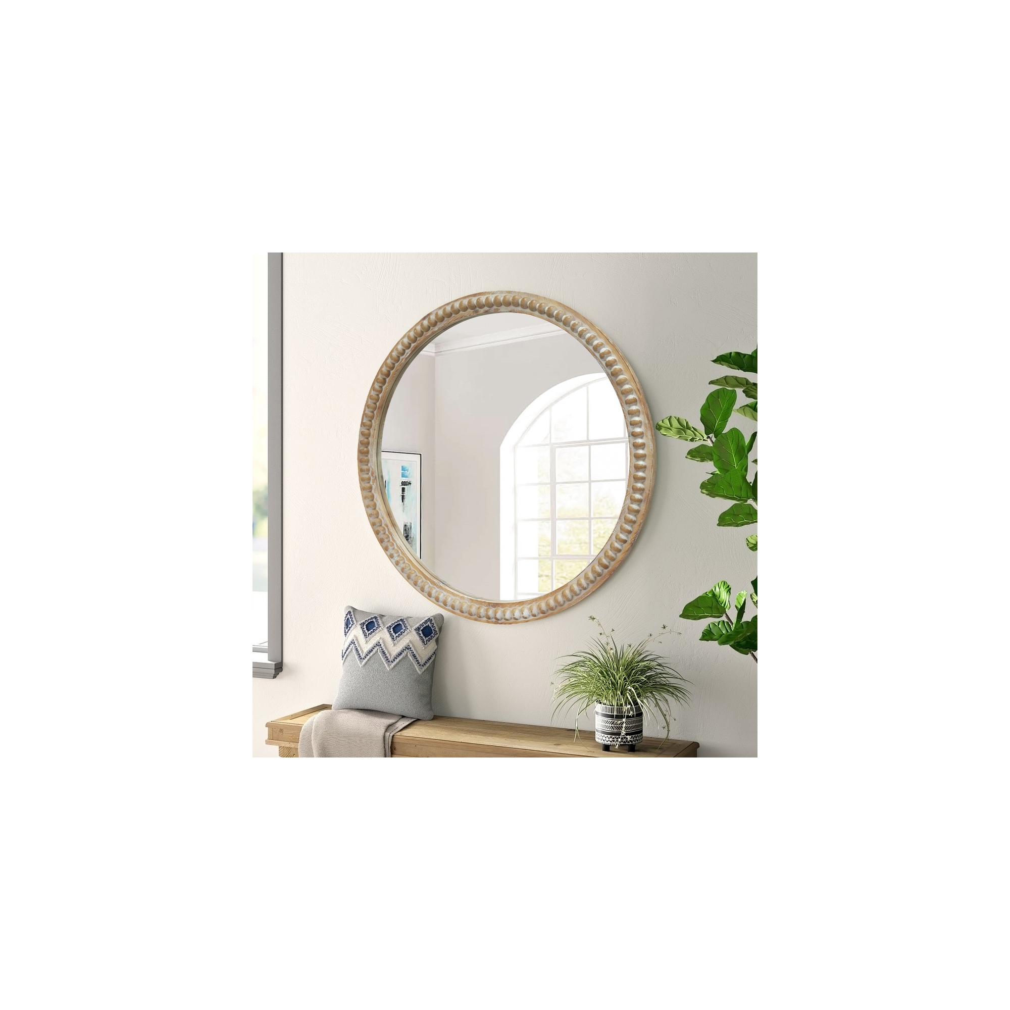 Whisen 23.62" Distressed Wood Beaded Round Decorative Wall Mirror, Farmhouse Vintage Decor for Entryway Bathroom - Natural Wood