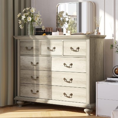 Jojoka Dresser for Bedroom,Farmhouse Dresser with 9 Drawer,Chest of Drawer with Wooden Legs for Bedroom