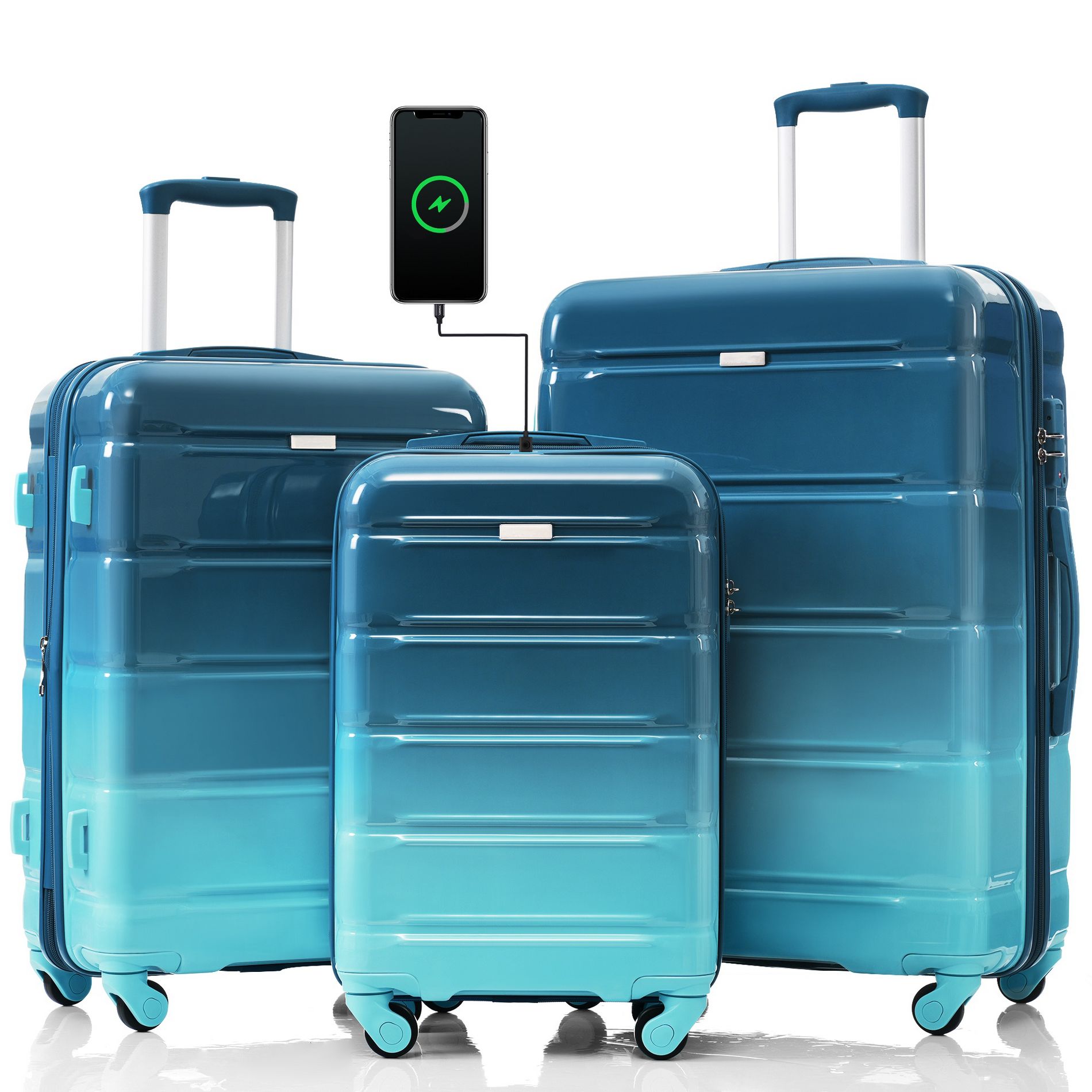 Gulches 3-Piece Luggage Set - 20" Carry-On with USB Port, Airline Certified, ABS+PC Hard Shell, Spinner Wheels, Blue