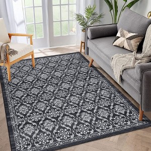 Modern Rugs Floral Print Mat Non-Slip Boho Low Pile Non-Shedding Carpet, 3' x 5' Black Gray - 1 of 4