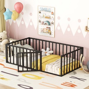 NicBex Kids Montessori Bed with Door,Metal Floor Bed with Fence,Twin/Full/Queen Size Toddler bed for Bedroom Playroom,Black/White/Pink - 1 of 4