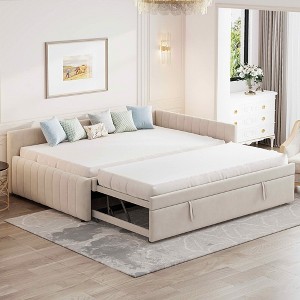 MAYEERTY Full Size L-Shaped Upholstered Daybed, Twin Pop Up Trundle, Bedroom, Beige - 1 of 4