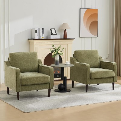 Accent Chair Set of 2,Mid Century Modern Living Room Chairs,Green Upholstered Arm Chair,Comfy Breathable Linen Fabric, Sofa Chair with Wood Legs