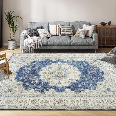 Area Rug Washable Low Pile Carpet with Non-Slip Rubber Backing, Foldable Traditional Rug for Bedroom, Dining Room, Office Living Room