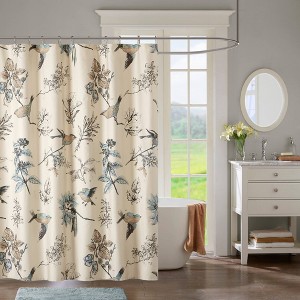 Ramsey Birds Cotton Printed Shower Curtain Khaki: Madison Park, Floral Twill Fabric, Machine Washable - 1 of 4