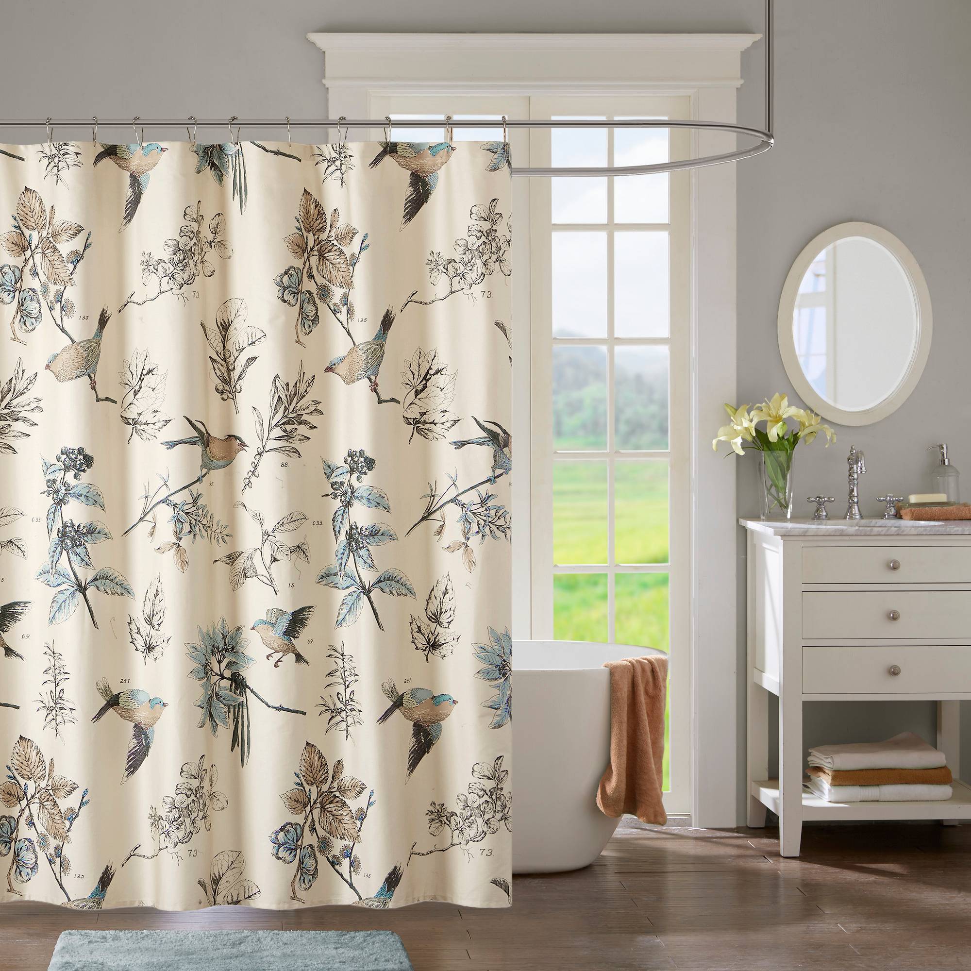 Ramsey Birds Cotton Printed Shower Curtain Khaki: Madison Park, Floral Twill Fabric, Machine Washable