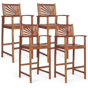 Costway 4PCS Patio Acacia Wood Bar Stool Pub Bar Chair w/ Footrest Outdoor Indoor - 1 of 4